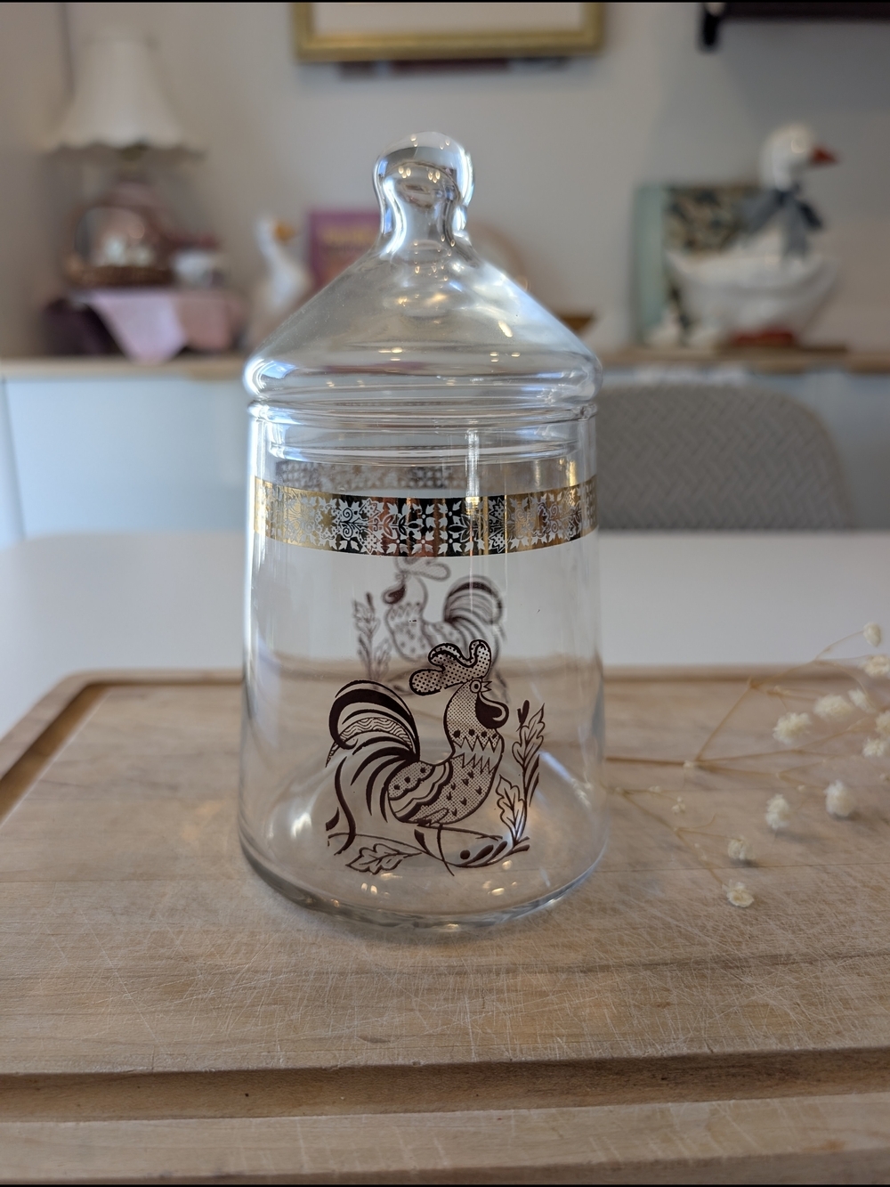 Glass Apothecary Jar with Rooster Motif and Gold Band - Picture 2 of 5